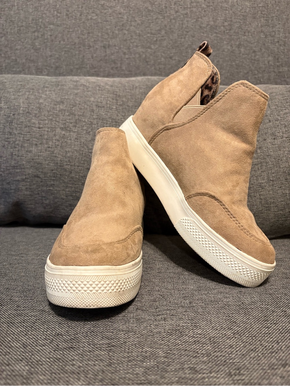Beige Suede Slip-On Platform Sneakers